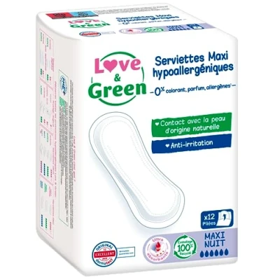 Imagen de Love &amp; Green Servilletas ecológicas Maxi Nuit 0% de colorantes, perfumes y alérgenos, certificadas por Ecolobel, ultra absorbentes, 12 unidades (paquete 2)