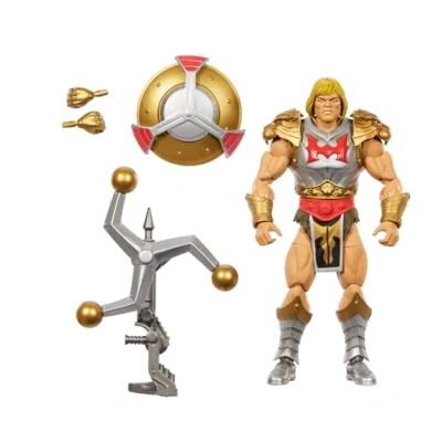 Imagen de Masters of the Universe Masterverse He Man Flying Fists Figura de acción, juguete 17,8cm New Eternia MOTU con arma giratoria y escudo, 30 articulaciones, JBP75