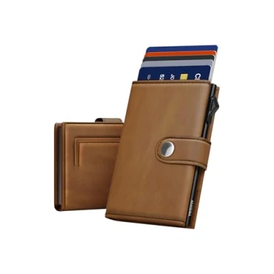 Imagen de Tarjetero para Hombre, Billetera de Cuero con Bloqueo RFID, Pop Up Bolsillo MagnéTico Monedas, Trifold Tarjetas CréDito, Cierre BotóN, Capacidad 1 9 Tarjetas, 2 ID Ventanas