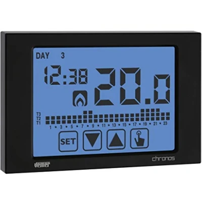 Imagen de VEMER VE452900 CHRONOS Termostato Digital Programable de Pantalla Táctil Electrónica para Calefacción y Aire Acondicionado con Adecuado Montaje en Pared, Alimentación Batería, Negro