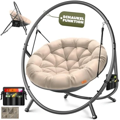 Imagen de KESSER® Hamaca colgante con estructura, columpio colgante, hasta 150 kg, para interior y exterior, incluye cojín bolsillo lateral, cesta estructura de acero espuma, ideal