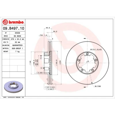 Imagen de BREMBO 09.B497.10 Disco de freno 278 24,2 5 ventilación interna NISSAN: Cabstar E Camión plataforma / Chasis
