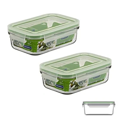 Imagen de GlassFood Juego de 2 Contenedores Rectangulares Glasslock 100% Herméticos en Vidrio Sódico Cálcico Templado Alta Dureza, Ecológico y Reciclable. Capacidad x 400ml