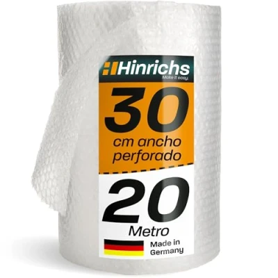 Imagen de Hinrichs Rollo de Papel Burbujas 20m x 30cm perforado Ideal para Envíos, Embalajes y Mudanzas 100% Reciclable Plástico como Material Embalaje Amortiguación