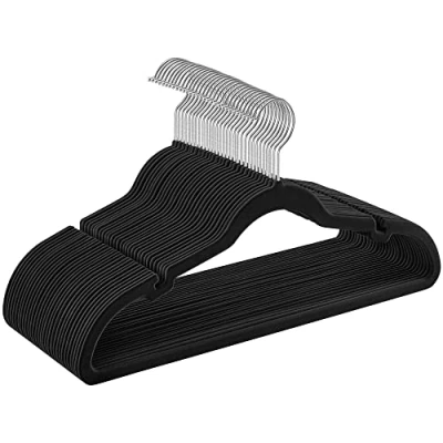 Imagen de SONGMICS Perchas de Terciopelo, Juego 30 Piezas, Antideslizantes, Ranuras para Hombros, Barra Pantalones, Gancho Giratorio 360, 0,6 cm Grosor, 43 Largo, Negro CRF029B03