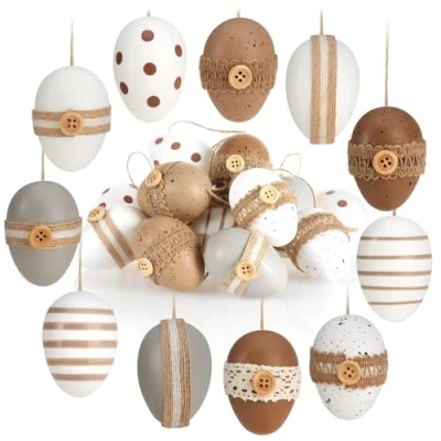 Imagen de com four® 18x Huevos de Pascua para Colgar Decoraciones Natural con Bonitos Adornos Decorativos Cuerda Colgar, 6 cm