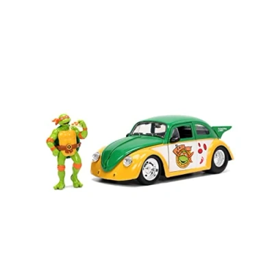 Imagen de Teenage Mutant Ninja Turtles 1:24 1959 Volkswagen Drag Beetle Die Cast Car &amp; 2.75 pulgadas Michelangelo Figura, juguetes para niños y adultos