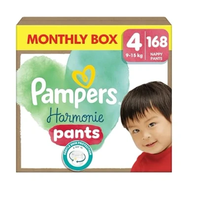Imagen de Pampers Pañales Armonía Pants Tamaño 4 (9 15 kg), 168 para Bebé, Paquete de 1 mes, 100% absorción &amp; Ingredientes origen vegetal, Ahora con Más Capas