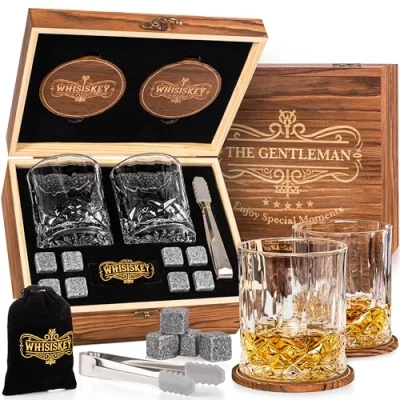 Imagen de Whisiskey Set de Vasos Whisky Regalo Vaso Regalos Originales para Hombres Caja Regalo, 2 Whiskey x 310ML, 4 Cubitos Hielo Reutilizables, Accesorios