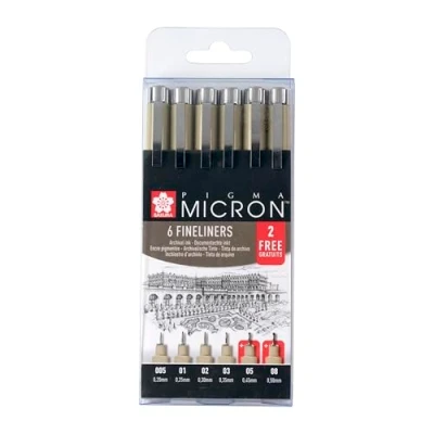 Imagen de SAKURA Estuche de puntafinas Pigma Micron, Oferta exclusiva 4+2, Tinta archivo primera calidad, resistente al agua y a la decoloración, Perfecto para artistas, diseñadores aficionados