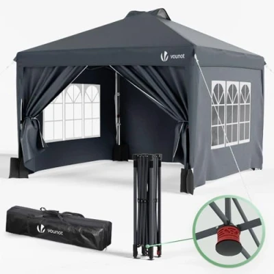 Imagen de VOUNOT Carpa Plegable Gazebo 3x3m Botón Central, Cenador Pabellón de Jardín con Paredes Laterales, Sacos Arena y Bolsa Transporte, Pérgola Tienda Protección UV para Camping Fiestas Exterior, Gris