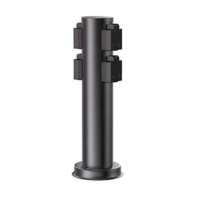Imagen de ledscom.de Base de Enchufe jardín PORU para Exteriores, IP44, 4 vías, Acero Inoxidable, Negro, Redonda, 39 cm, Exterior, jardín, Torre Enchufe,