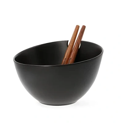 Imagen de HOMLA Mooka Ensaladera de cerámica con accesorios, cuenco para servir, vajilla, decoración mesa, plato postre, color negro brillante, 24 cm