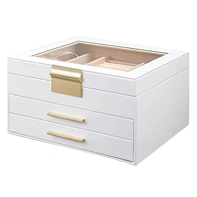 Imagen de Organizador De Joyas Joyero Caja Joyería Grande Cajón Espejo Para Mujer Estuche Almacenamiento Cuero PU Pendiente Anillo Collar Pulsera Reloj Joyeros ( Color : White ,