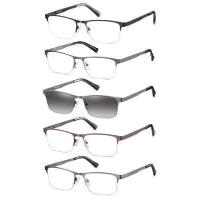 Imagen de Amcedar 5 pack Gafas de Lectura Hombres Medio Marco Estilo Acero Inoxidable Materiales Metal Bisagras Resorte incluye sol +1.75