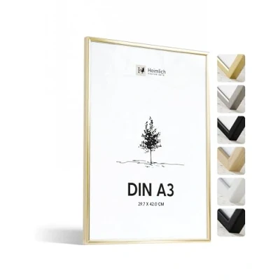 Imagen de Heimlich® 1 x marco de fotos A3 Aluminio Dorado marcos cuadros Vidrio Acrílico Irrompible Grano Visible Duradero Fácil Colgar Para Decoración Pared y Hogar