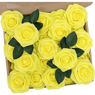 Imagen de PIQIUQIU 25 Rosas Artificiales de Espuma, Artificiales, Espuma para Manualidades, Bodas, Ramos Novia, decoración del hogar (Amarillo)
