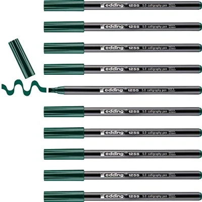 Imagen de edding 1255 rotulador caligráfico verde botella 10 rotuladores punta 5 mm de fibra para papel, madera, terracota principiantes, letras a mano, bullet journals, libros caligrafía