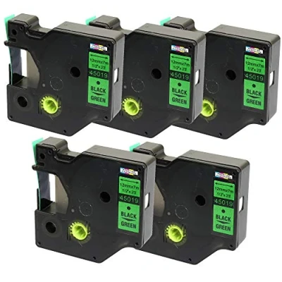 Imagen de 5 Casetes de Cinta compatibles con DYMO D1 45019 S0720590 Negro sobre Verde 12mm x 7m para LabelManager 160 210D 220P 260P 280 360D 420P 500TS PnP MobileLabeler LabelPoint LabelWriter 450 Duo