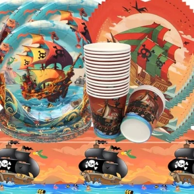 Imagen de Vajilla de cumpleaños Pirata,Doyomtoy Decoración Mesa Pirata Platos Servilletas Vasos para Fiesta niños 20 invitados