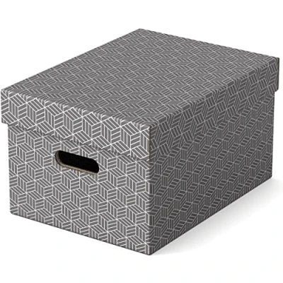 Imagen de Esselte Caja Mediana de Cartón para Almacenaje y Regalos con Tapa, Pack 3, Organización la Oficina Casa, 100% Reciclado, Reciclable, Diseño Geométrico, Gris, 628283