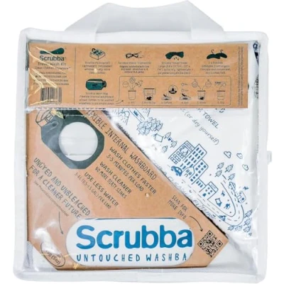 Imagen de Scrubba Kit de bolsa lavado portátil sin tocar (5 piezas) Blanco teñir, blanquear, sistema manos para hotel, senderismo y viaje Lavadora secadora camping ecológica