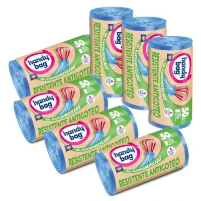 Imagen de Handy Bag Bolsas de Basura Resistente Antigoteo, 100% Reciclado, Autocierre, 50L, 70 Bolsas, 7 Paquetes