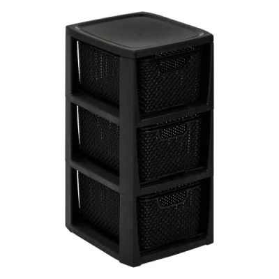 Imagen de BranQ Home essential Estantería en diseño de ratán, plástico Polipropileno sin bisfenol A, Color Negro, 29,5 x 24 48,7 cm, 3 cestas