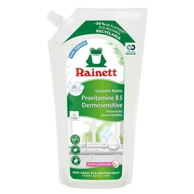 Imagen de RAINETT Líquido para vajillas manos Dermosensitivas Eco recarga 1 L Fórmula hipoalergénica pH neutro Conserva las pieles sensibles Bolsillo 100% reciclable Ecolabel
