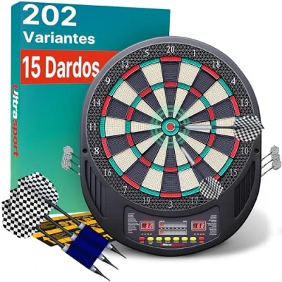 Imagen de Ultrasport Diana eléctrica sin puertas, máquina dardos para hasta 8 jugadores incluye línea lanzamiento 12 100 puntas blandas juego con pantalla LED adecuado fiestas noches djuegos
