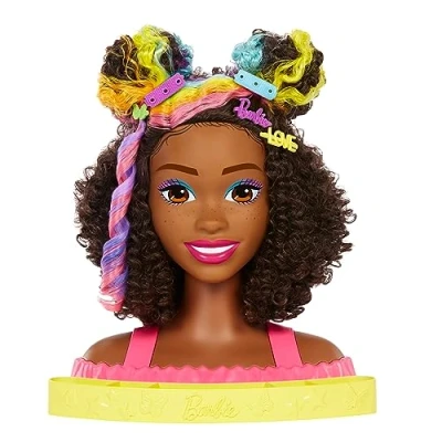 Imagen de Barbie Totally Hair Color Reveal Arcoíris Neon Deluxe Cabeza afroamericana para peinar de muñeca con Accesorios el Pelo, Juguete +3 años (Mattel HMD79)
