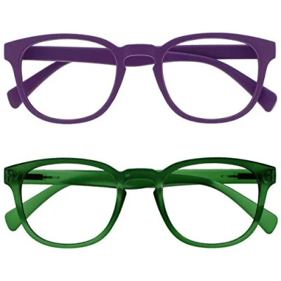 Imagen de OPULIZE Pop Gafas de Lectura Pack 2 Redondas Violeta y Verde Musgo Satinado Bisagras con Muelle Resistentes a los Arañazos Hombre Mujer RR2 56 +3.50