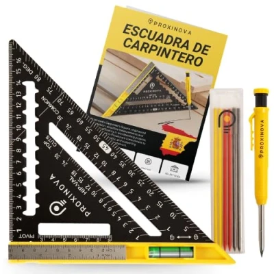 Imagen de Proxinova Escuadra Carpintero Juego con Escuadras Metalicas de Aleación Aluminio 180mm, Incluye Lápiz y Nivel Integrado Woodpeckers Tools, Rapida