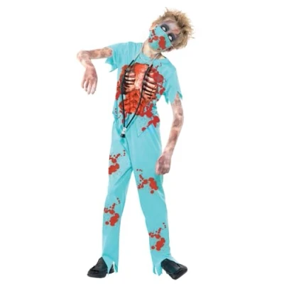 Imagen de Smiffys Disfraz de cirujano zombi, Azul, con pantalones manchados sangre, parte arriba, mascarilla y estetoscopio