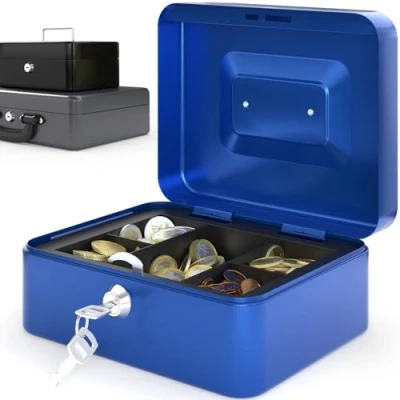 Imagen de Caja Fuerte Portátil Pequeña, con portamonedas metálica llave, caudales, dinero, de caudales Azul ACROPAQ