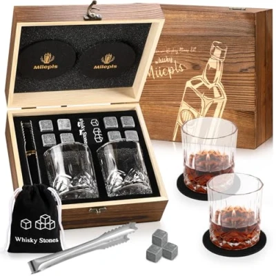 Imagen de Juego de vasos whisky Whisiskey, 8 piedras y 2 trenzados posavasos, regalos para hombres