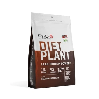 Imagen de PhD Nutrition Diet Plant proteína vegana en polvo 500g Chocolate belga, Con 19g de por ración, CLA y L carnitina