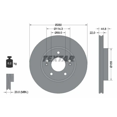 Imagen de TEXTAR 92314703 Disco de freno 280 22 05/07 114,3 ventilación interna revestido sin perno sujeción rueda, buje rueda HYUNDAI: Ioniq