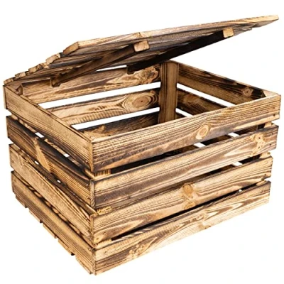 Imagen de Creative DECO Caja de Madera Flameada con Tapa Grande 50 x 40 30 cm Cofre Baúl Natural Almacenamiento Vintage Retro Almacenar Regalo Decoración Bricolaje
