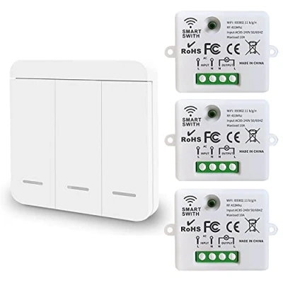 Imagen de DieseRC Mini Interruptor WiFi, Control Remoto de Relé RF 3 Receptores con 1 Pared Inalámbrico, Inteligente por Teléfono a través la Aplicación Tuya, Alexa/Google Home