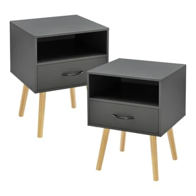 Imagen de [en.casa] Set de Mesas Auxiliares Gävle Elegante Juego 2 Mesillas Noche con Cajón y un Compartimento Abierto para Dormitorio Salón Aglomerado 57 x 42 40 cm Gris Oscuro