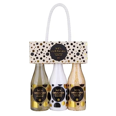 Imagen de Accentra Set de regalo Celebremos a las mujeres en botellas champán baño y ducha que incluye gel ducha, loción corporal sal bienestar 3 piezas para niñas