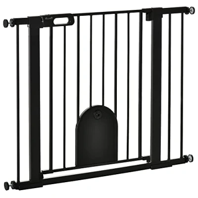 Imagen de PawHut Barrera de Seguridad para Perros Mascotas 75 103 cm Escaleras y Puertas con 2 Extensiones Cierre Automático Sistema Doble Bloqueo Negro