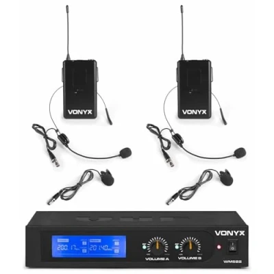 Imagen de Vonyx WM522H Set de 4 Micrófonos Inalámbricos VHF 2 Canales, con Microfono Solapa, Diadema, Petacas y 1 Receptor, Incluye Maletín Plástico para Transporte Protección