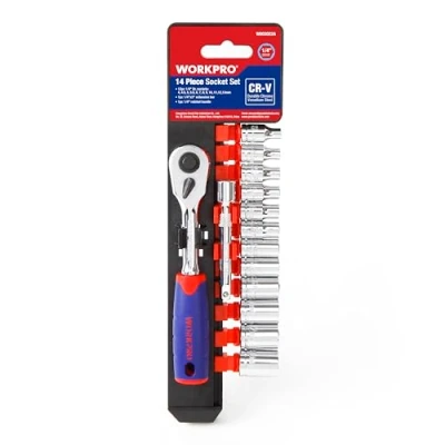 Imagen de WORKPRO 14 piezas Juego de llaves vasos hexagonales (4 13 mm), acero Cr V antioxidante, llave trinquete liberación rápida 1/4&quot;, 72 dientes con barra extensión