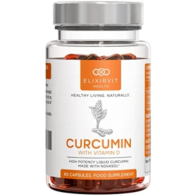 Imagen de Elixirvit Cúrcuma curcumina líquida con vitamina D, 185 veces más biodisponible que la cúrcuma/curcumina típica Absorción inmediata Potente NovaSOL, 60 cápsulas