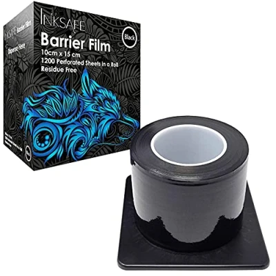 Imagen de Inksafe Dispensador de rollos película adhesiva protectora negra, 10 cm x 15 cm, 1200 hojas/rollo médico, dental, tatuaje, belleza