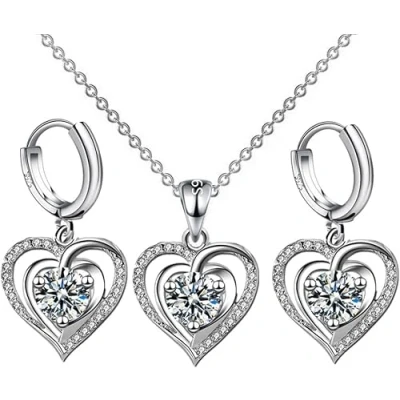 Imagen de TOFBS Conjuntos de Joyas para Mujer y Niñas Plata Ley 925 Zirconia Cúbica Corazón/Luna Collar con Colgante Pendientes Juego Boda Fiesta Cumpleaños Día San Valentín Regalos (Corazón)