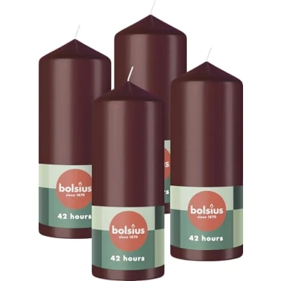Imagen de Bolsius Pillar Candles Velas decorativas para el hogar, 4 unidades, 15 x 6 cm, color rojo oscuro, 42 horas de combustión, sin perfume, incluye cera natural vegana, aceite palma