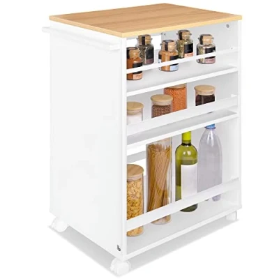 Imagen de bomoe carron de cocina con 4 Ruedas Servicio 3 Niveles Ajustables, Encimera Madera FSC carro bano nicho Independiente Bengt Roble y Blanco